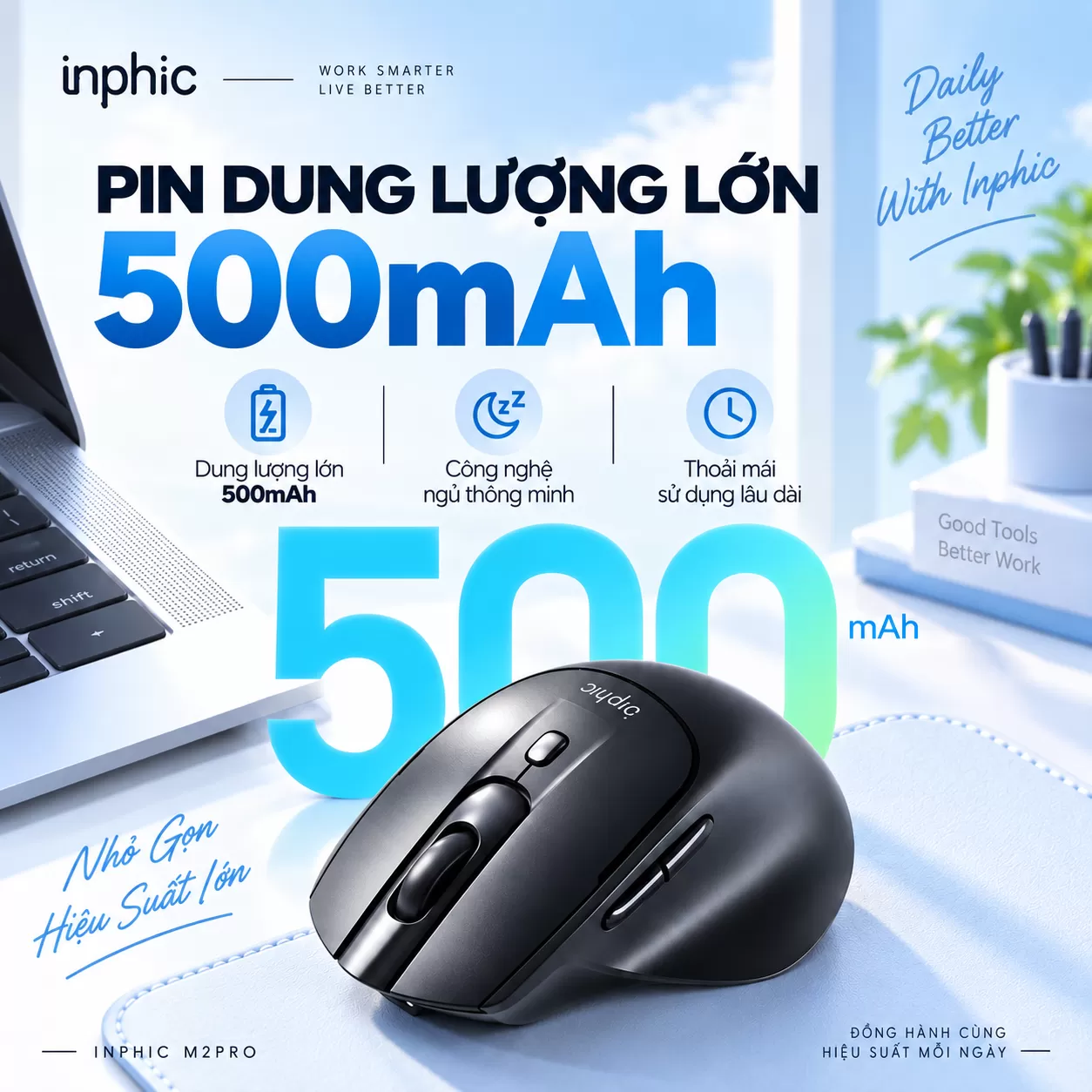 Pin 500mAh – Bền bỉ cho cả ngày dài